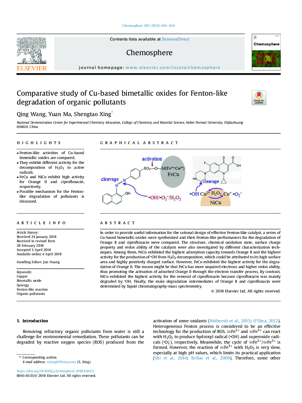 Comparative study of Cu-based bimetallic oxides for Fenton-like degradation of organic pollutants