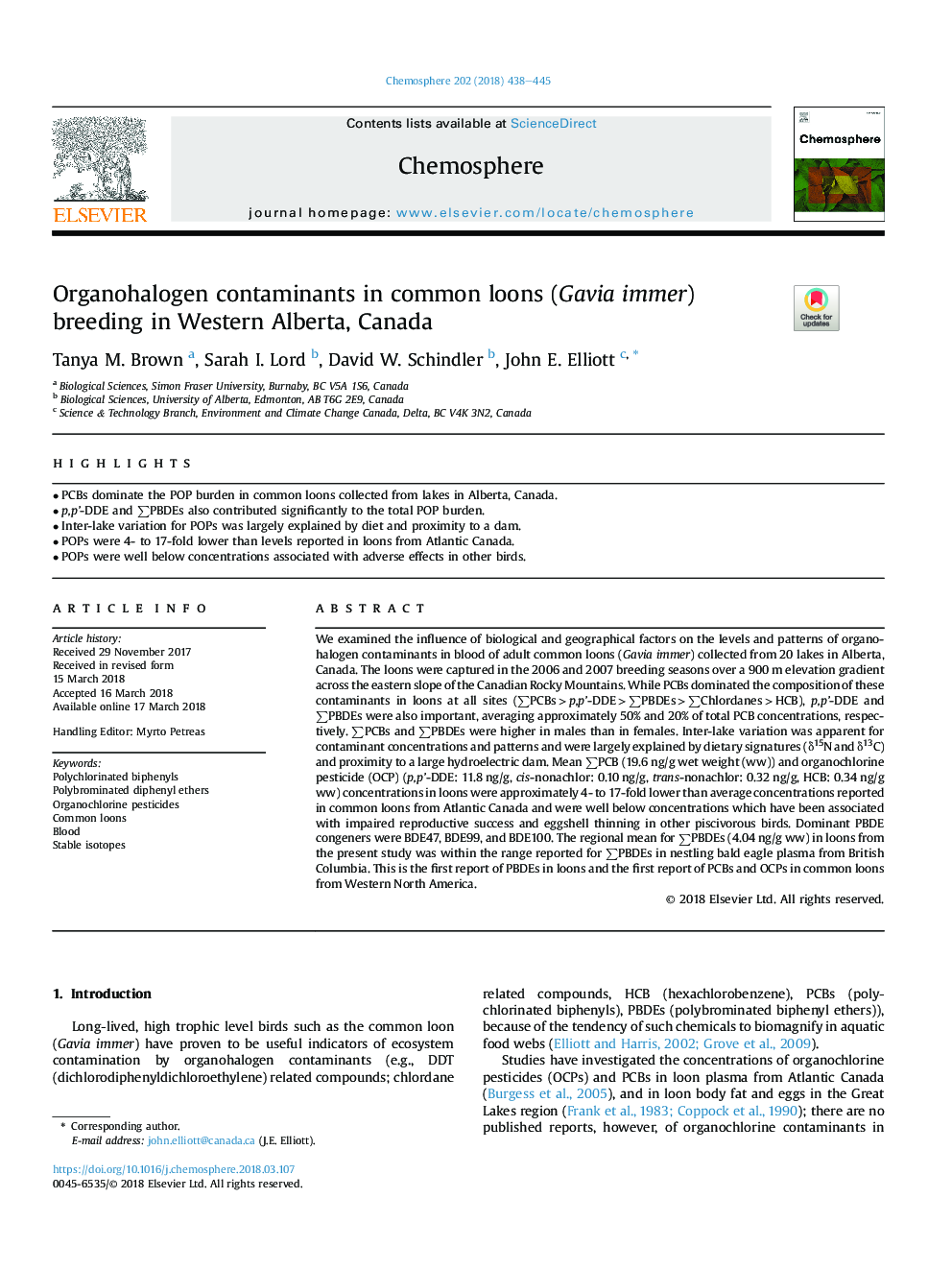 Organohalogen contaminants in common loons (Gavia immer) breeding in Western Alberta, Canada