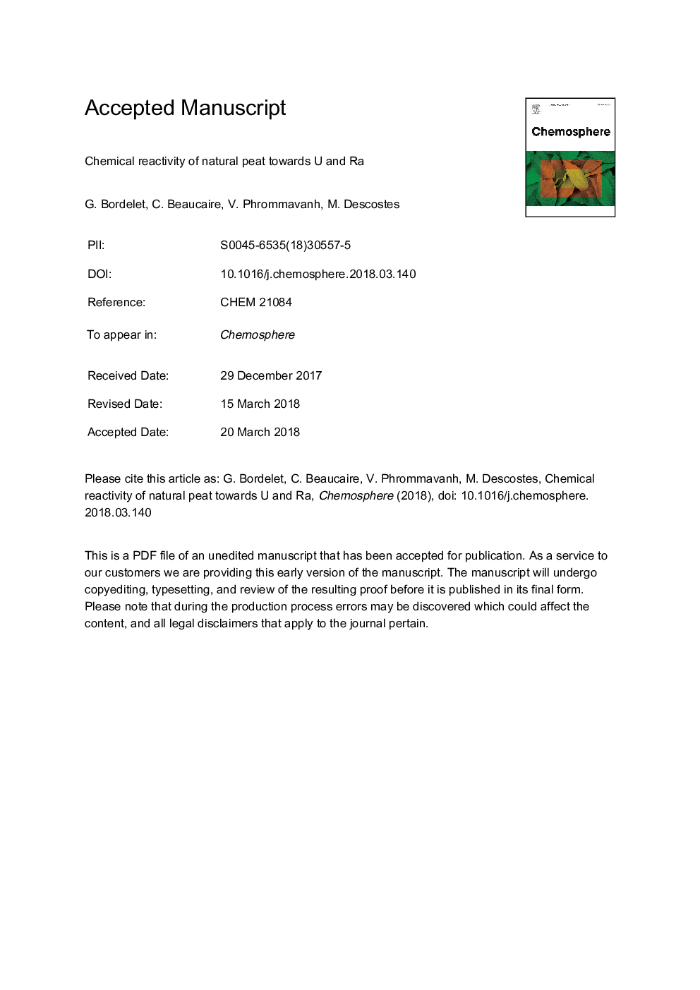 Chemical reactivity of natural peat towards U and Ra