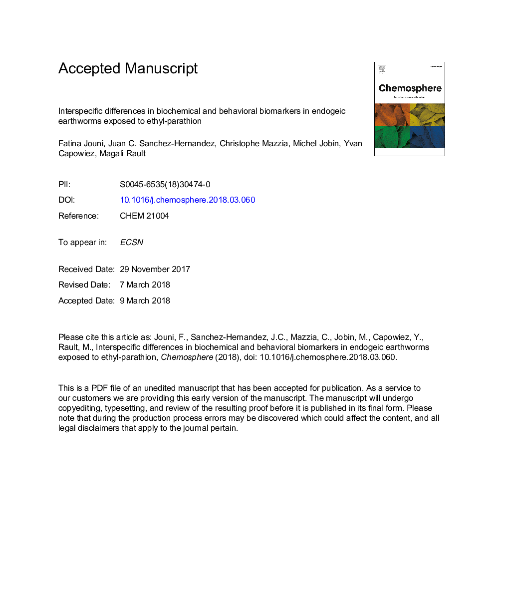 تفاوت بین گونه های بیومارکرهای بیوشیمیایی و رفتاری در کرم های خاکی اندوژن در معرض اتیل-پاراتیون 