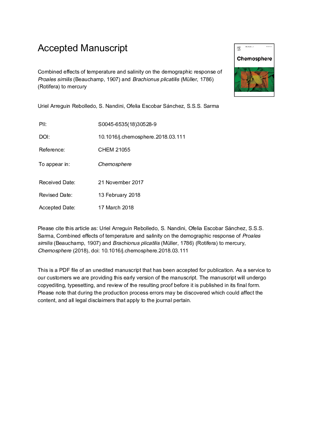 Combined effects of temperature and salinity on the demographic response of Proales similis (Beauchamp, 1907) and Brachionus plicatilis (Müller, 1786) (Rotifera) to mercury