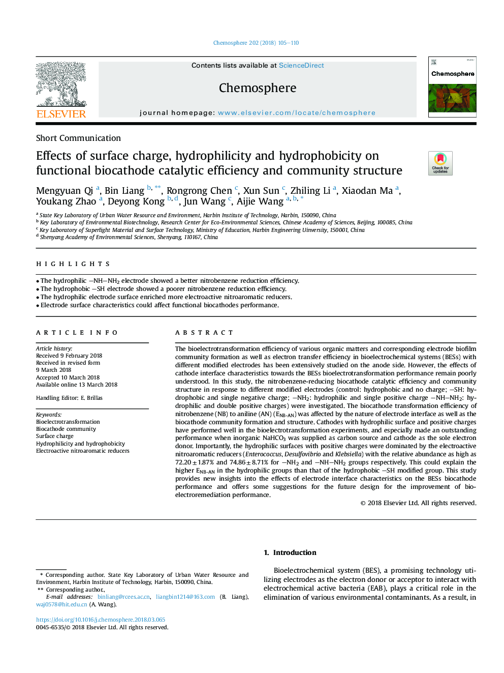 Effects of surface charge, hydrophilicity and hydrophobicity on functional biocathode catalytic efficiency and community structure