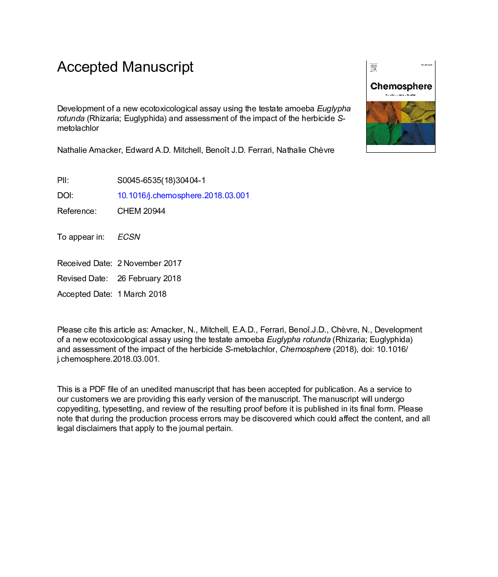 Development of a new ecotoxicological assay using the testate amoeba Euglypha rotunda (Rhizaria; Euglyphida) and assessment of the impact of the herbicide S-metolachlor