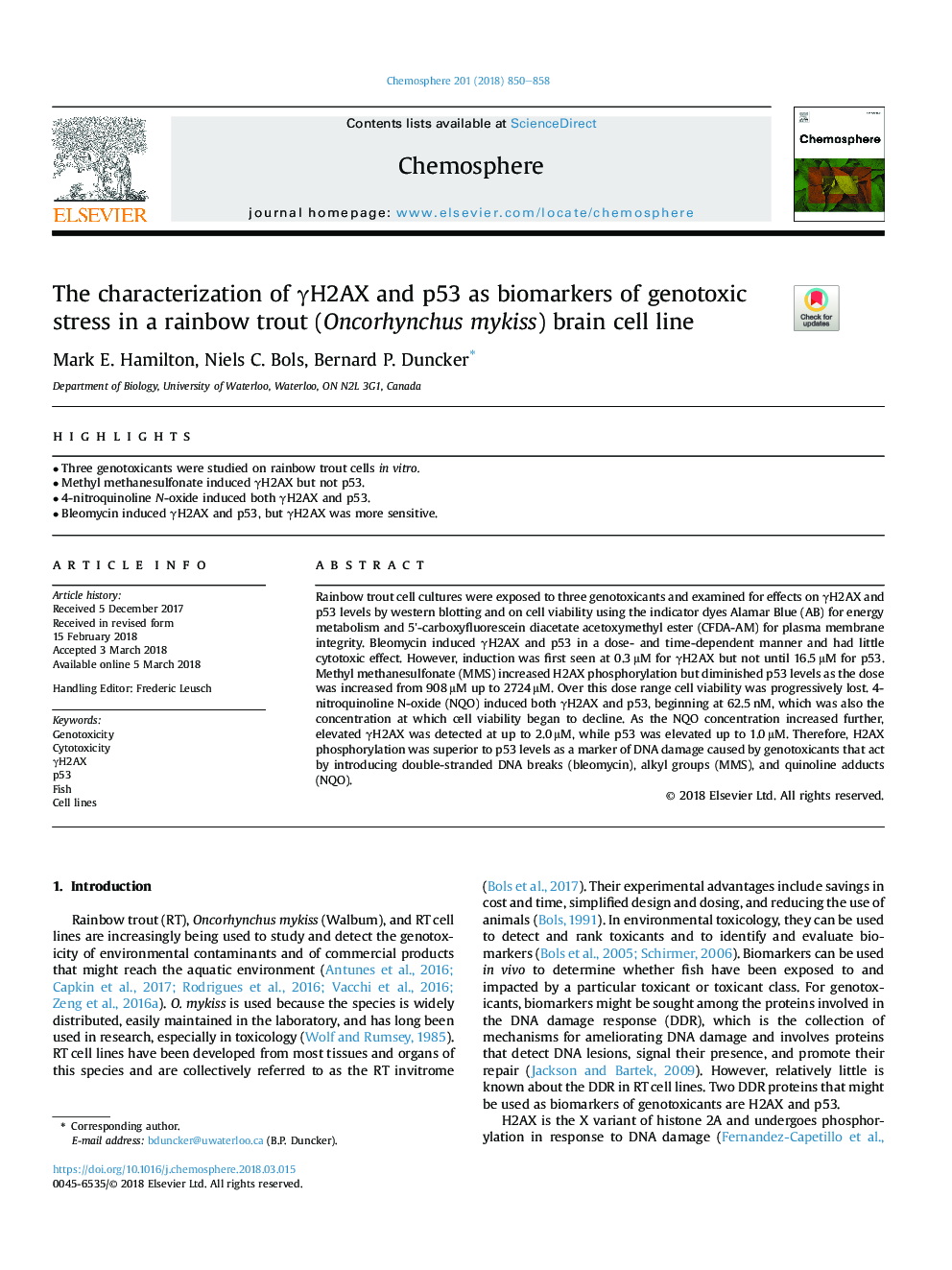 عکس صفحه اول مقاله: The characterization of γH2AX and p53 as biomarkers of genotoxic stress in a rainbow trout (Oncorhynchus mykiss) brain cell line The characterization of γH2AX and p53 as biomarkers of genotoxic stress in a rainbow trout (Oncorhynchus mykiss) brain cell line