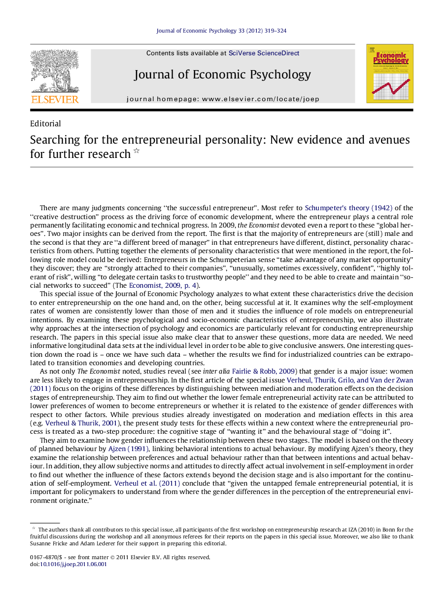 عکس صفحه اول مقاله: Searching for the entrepreneurial personality: New evidence and avenues for further research Searching for the entrepreneurial personality: New evidence and avenues for further research