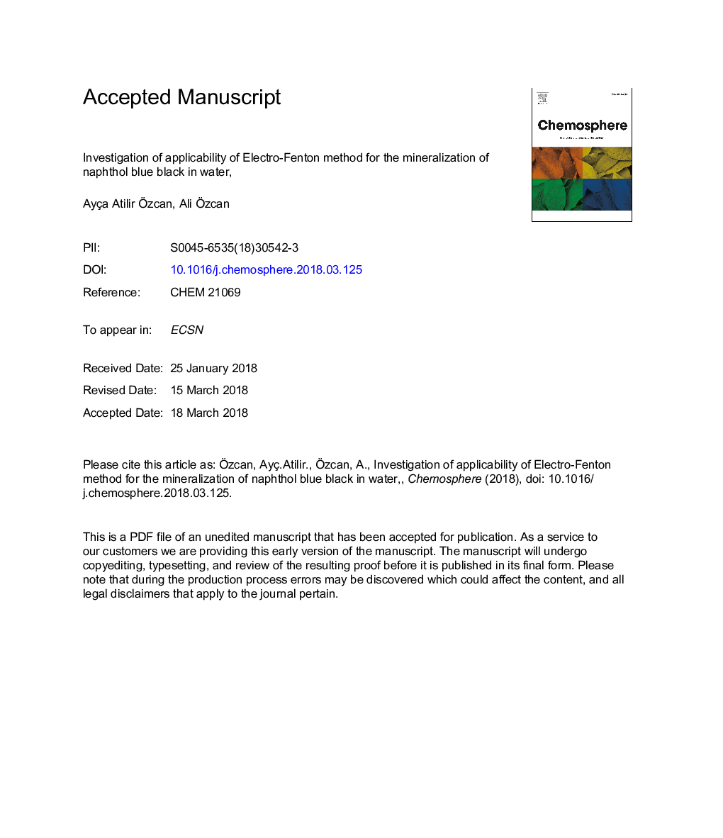 Investigation of applicability of Electro-Fenton method for the mineralization of naphthol blue black in water