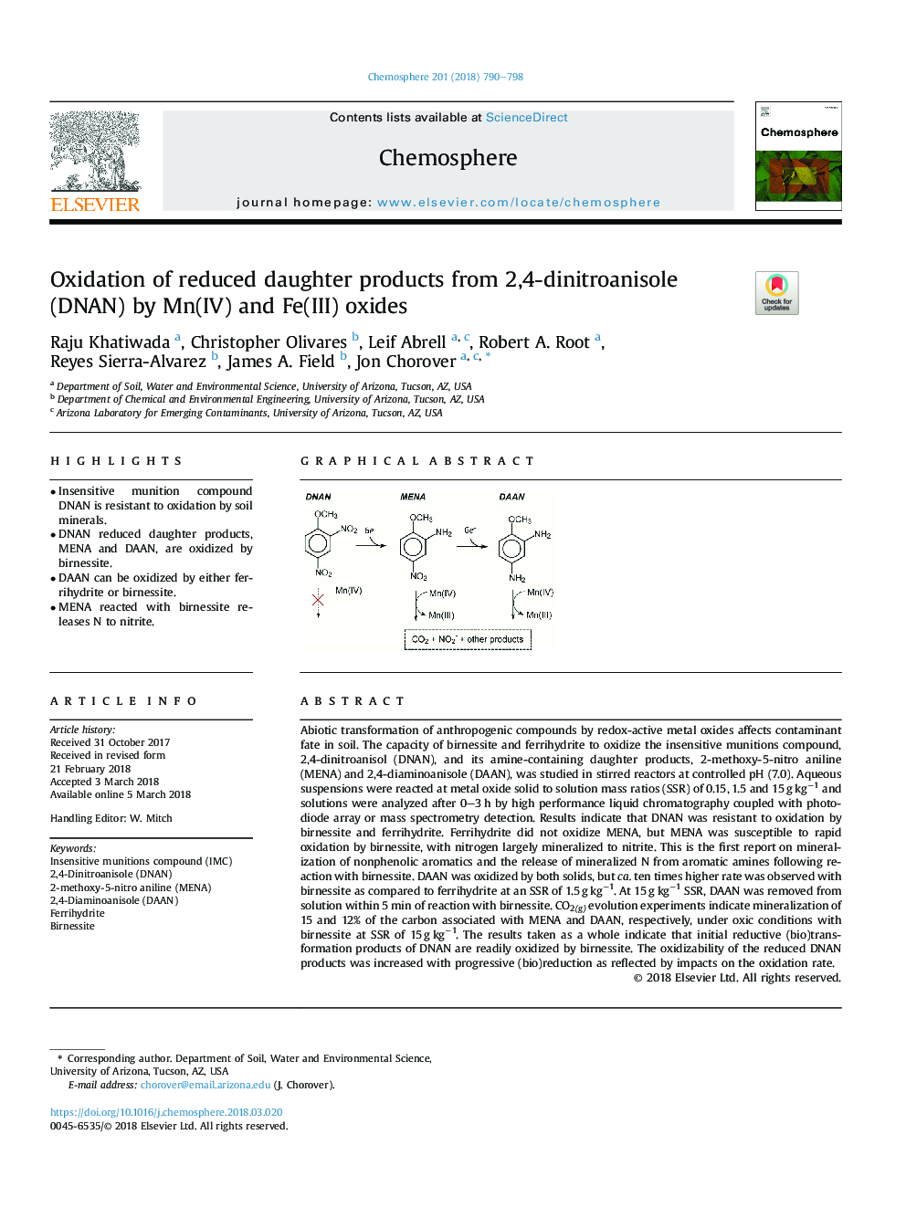 Oxidation of reduced daughter products from 2,4-dinitroanisole (DNAN) by Mn(IV) and Fe(III) oxides