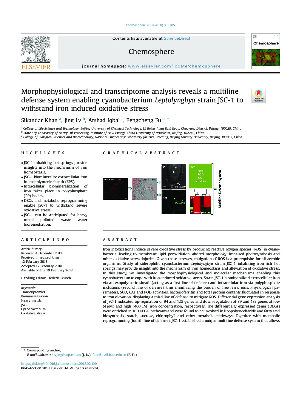 Morphophysiological and transcriptome analysis reveals a multiline defense system enabling cyanobacterium Leptolyngbya strain JSC-1 to withstand iron induced oxidative stress