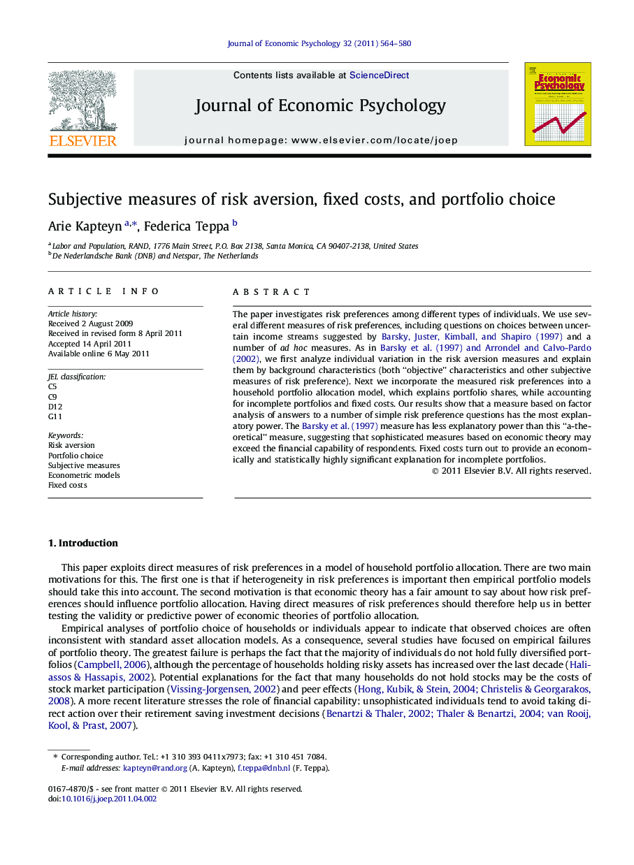 Subjective measures of risk aversion, fixed costs, and portfolio choice