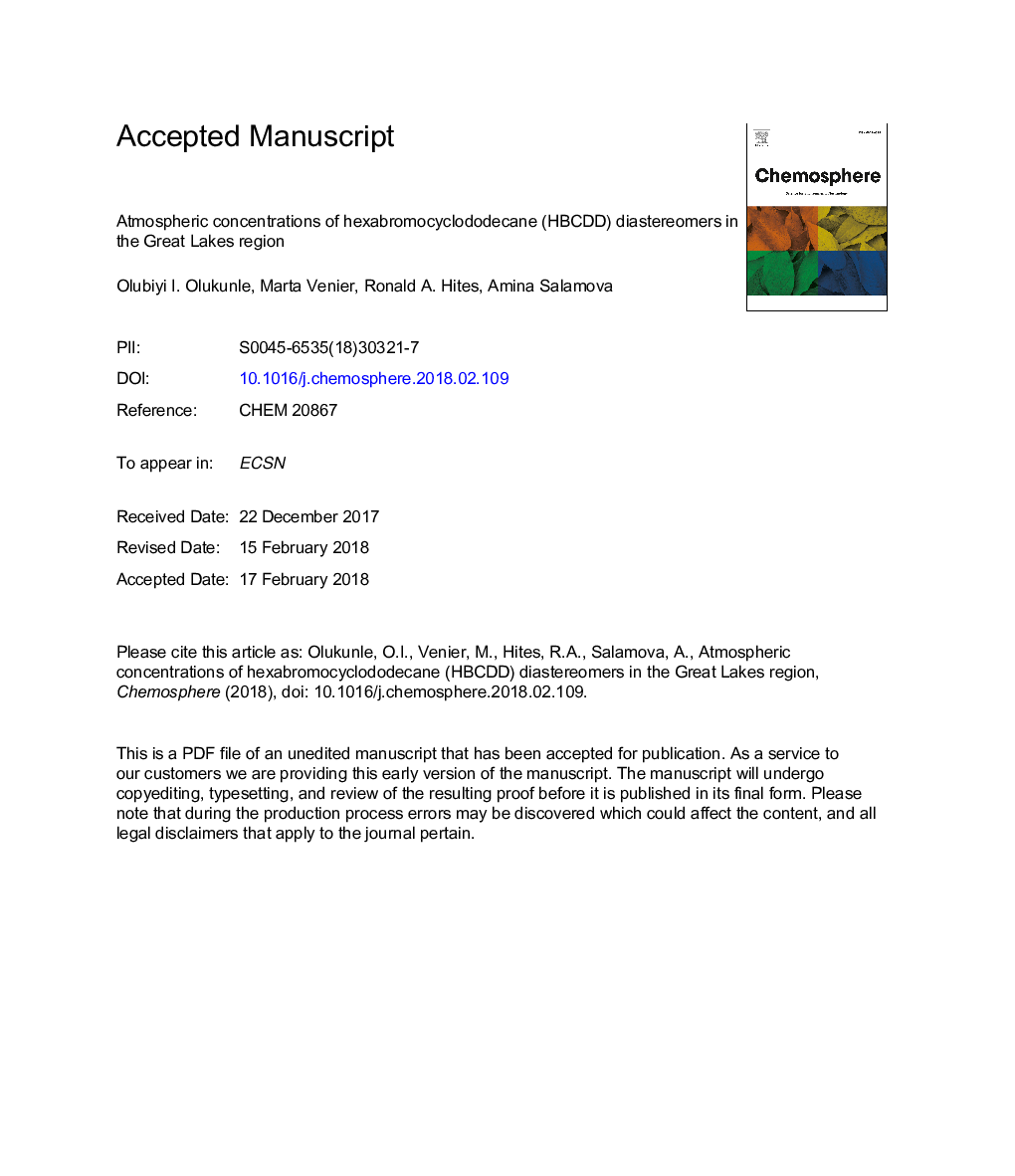 عکس صفحه اول مقاله: Atmospheric concentrations of hexabromocyclododecane (HBCDD) diastereomers in the Great Lakes region Atmospheric concentrations of hexabromocyclododecane (HBCDD) diastereomers in the Great Lakes region
