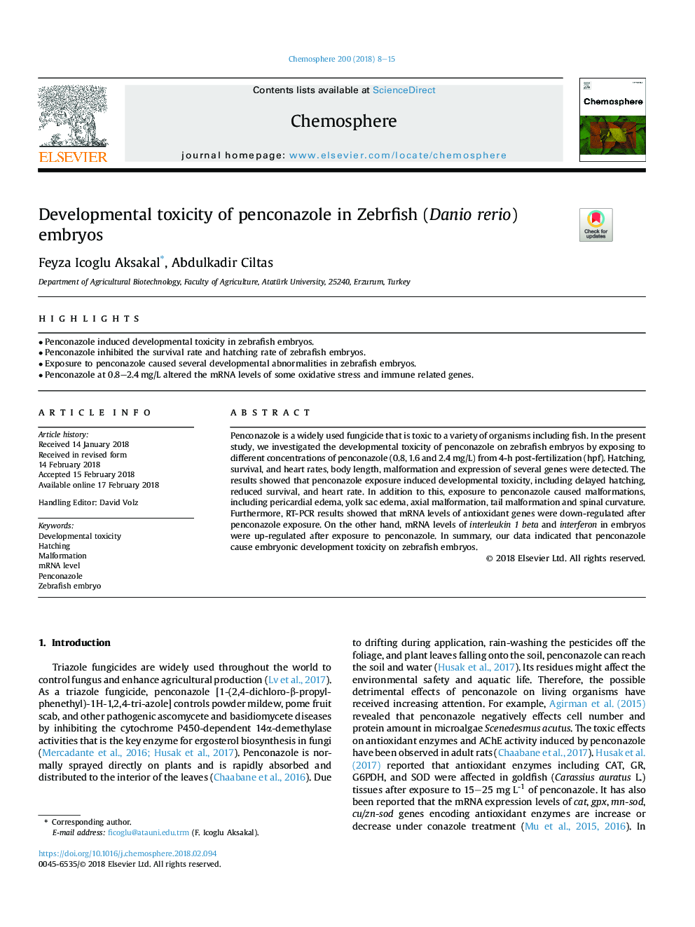 Developmental toxicity of penconazole in Zebrfish (Danio rerio) embryos