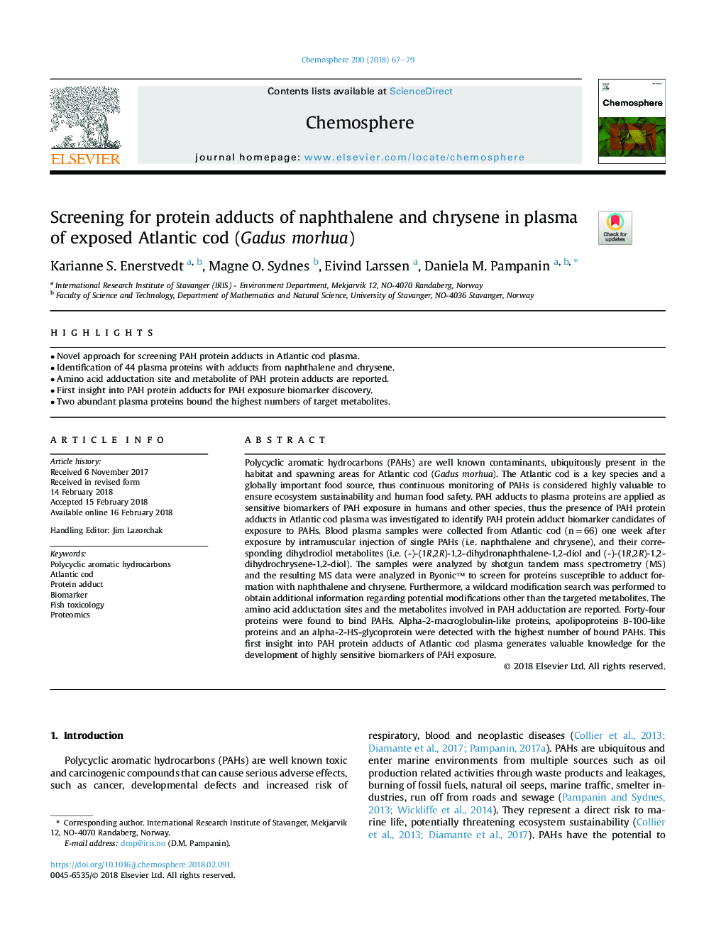 Screening for protein adducts of naphthalene and chrysene in plasma of exposed Atlantic cod (Gadus morhua)