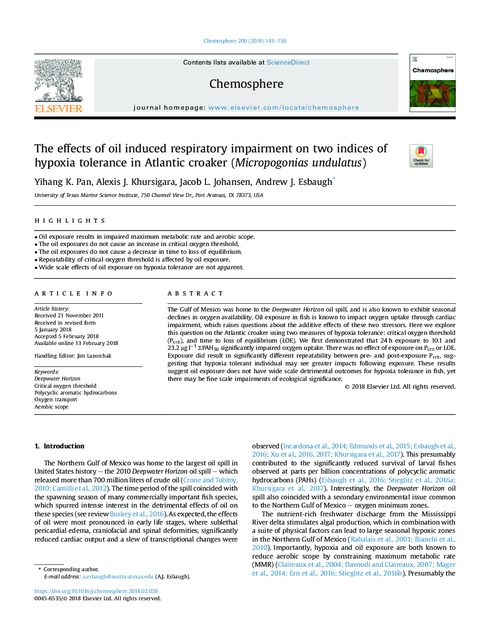 The effects of oil induced respiratory impairment on two indices of hypoxia tolerance in Atlantic croaker (Micropogonias undulatus)