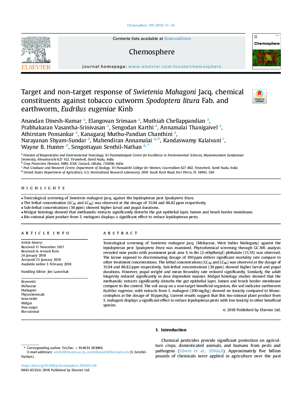 Target and non-target response of Swietenia Mahagoni Jacq. chemical constituents against tobacco cutworm Spodoptera litura Fab. and earthworm, Eudrilus eugeniae Kinb