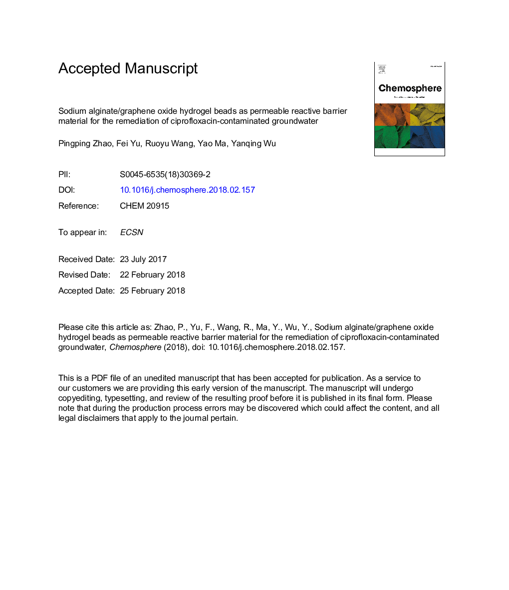 دانه های هیدروژل آلژینات سدیم / گرافین اکسید به عنوان ماده مانع نفوذی واکنش دهنده برای احیای آبهای زیرزمینی آلوده به سیپروفلوکساسین 