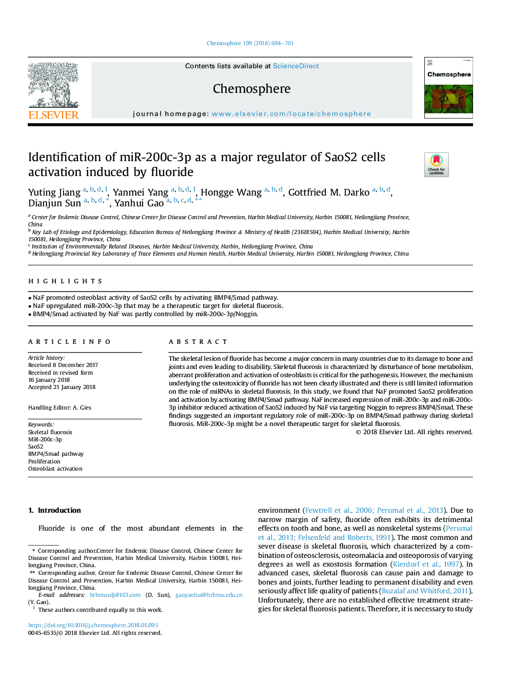 Identification of miR-200c-3p as a major regulator of SaoS2 cells activation induced by fluoride