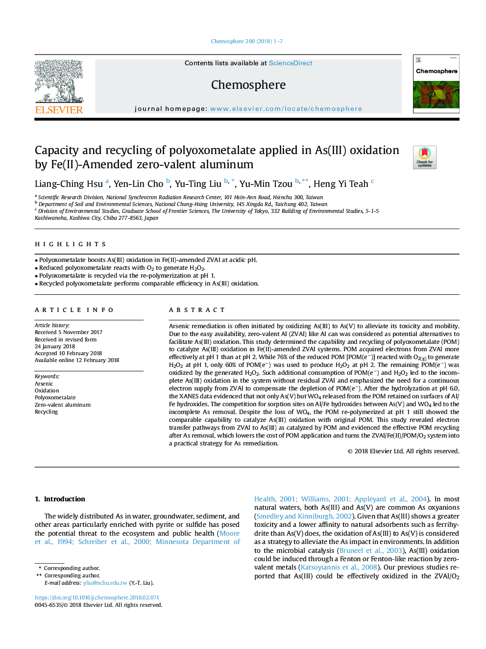 Capacity and recycling of polyoxometalate applied in As(III) oxidation by Fe(II)-Amended zero-valent aluminum