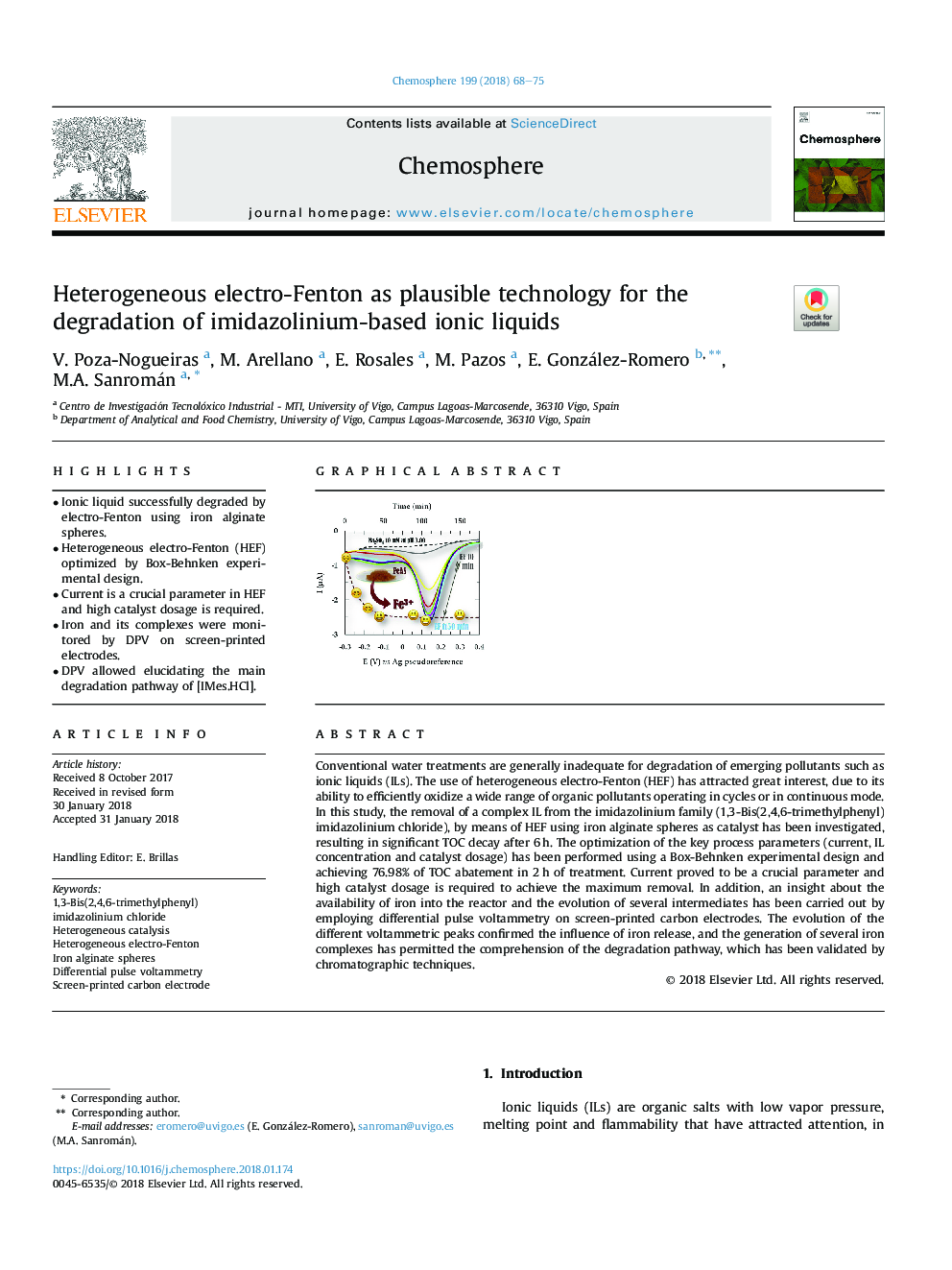 Heterogeneous electro-Fenton as plausible technology for the degradation of imidazolinium-based ionic liquids