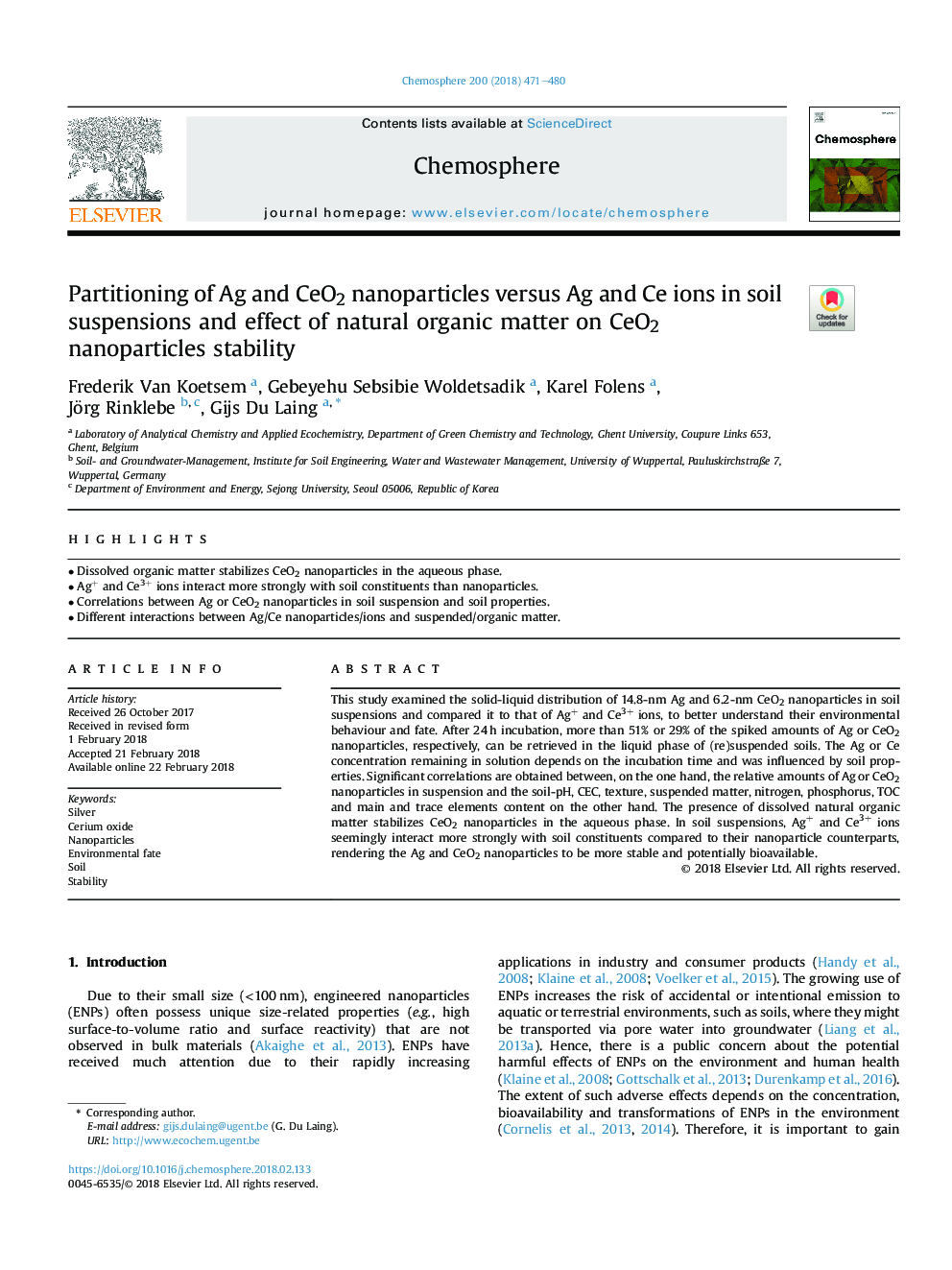 Partitioning of Ag and CeO2 nanoparticles versus Ag and Ce ions in soil suspensions and effect of natural organic matter on CeO2 nanoparticles stability