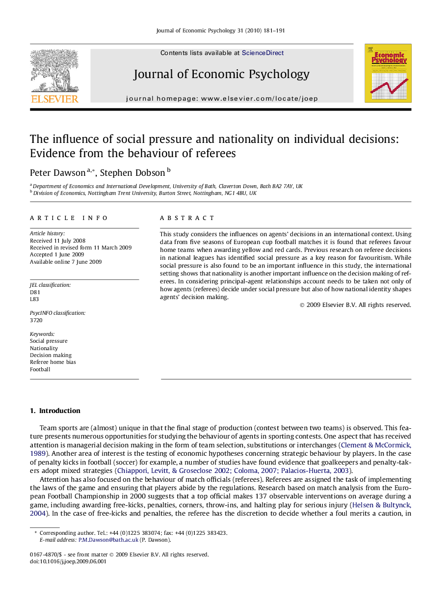 عکس صفحه اول مقاله: The influence of social pressure and nationality on individual decisions: Evidence from the behaviour of referees The influence of social pressure and nationality on individual decisions: Evidence from the behaviour of referees
