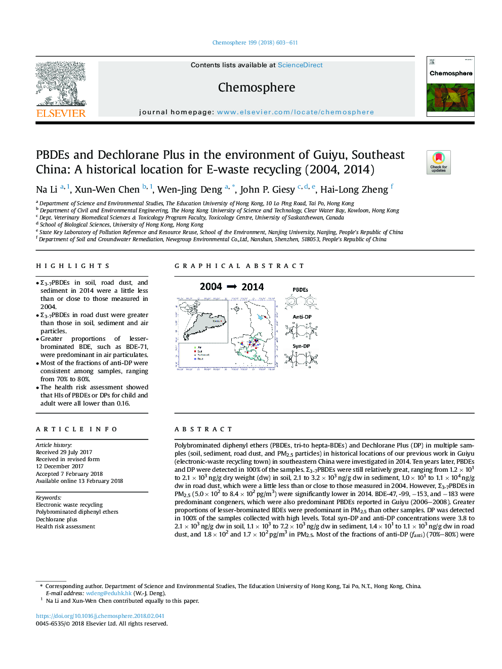 PBDEs and Dechlorane Plus in the environment of Guiyu, Southeast China: A historical location for E-waste recycling (2004, 2014)