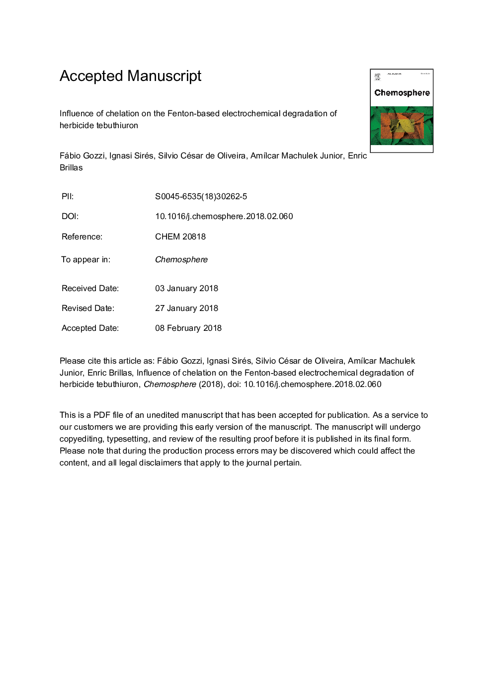 عکس صفحه اول مقاله: Influence of chelation on the Fenton-based electrochemical degradation of herbicide tebuthiuron Influence of chelation on the Fenton-based electrochemical degradation of herbicide tebuthiuron