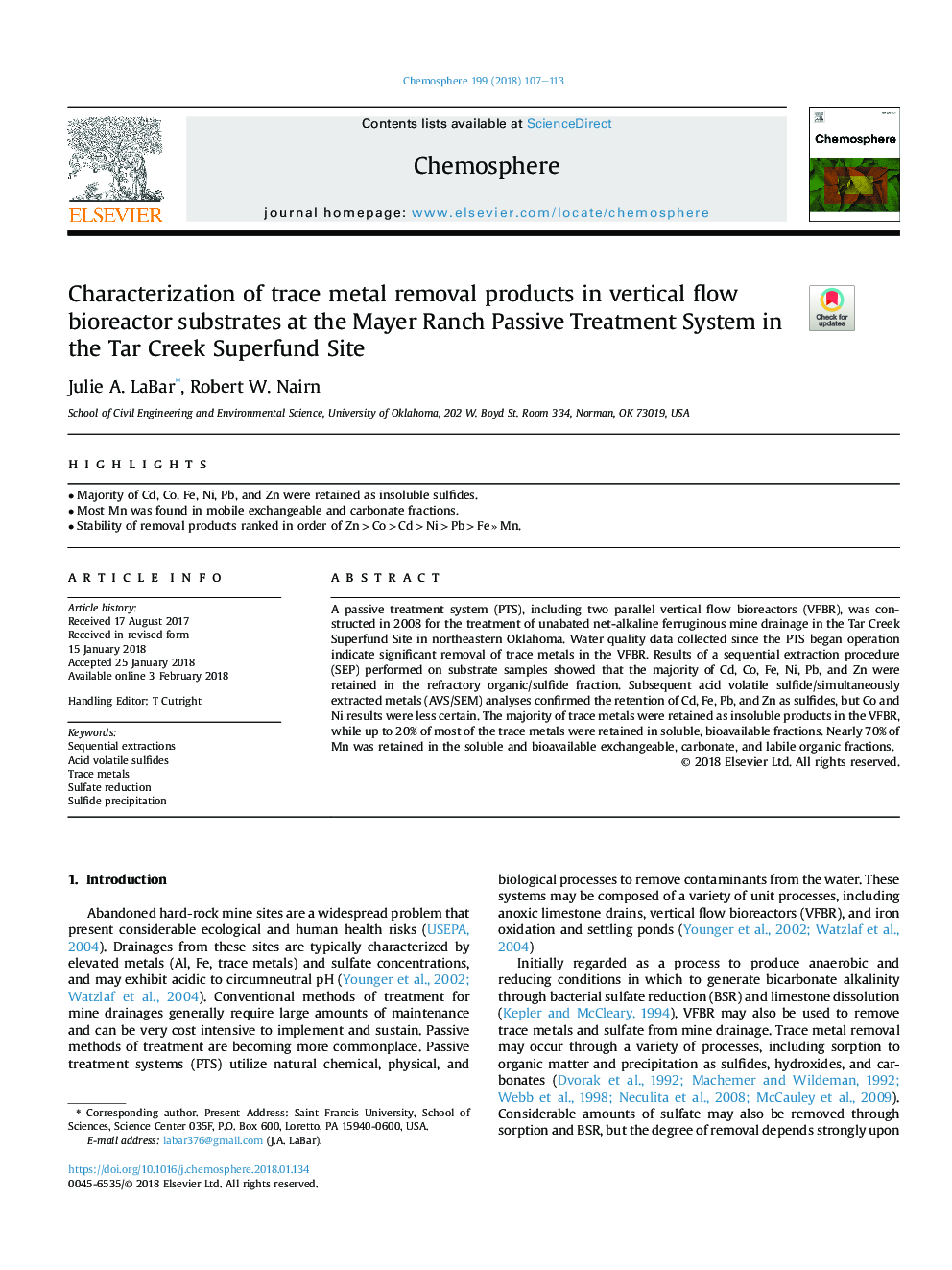 Characterization of trace metal removal products in vertical flow bioreactor substrates at the Mayer Ranch Passive Treatment System in the Tar Creek Superfund Site