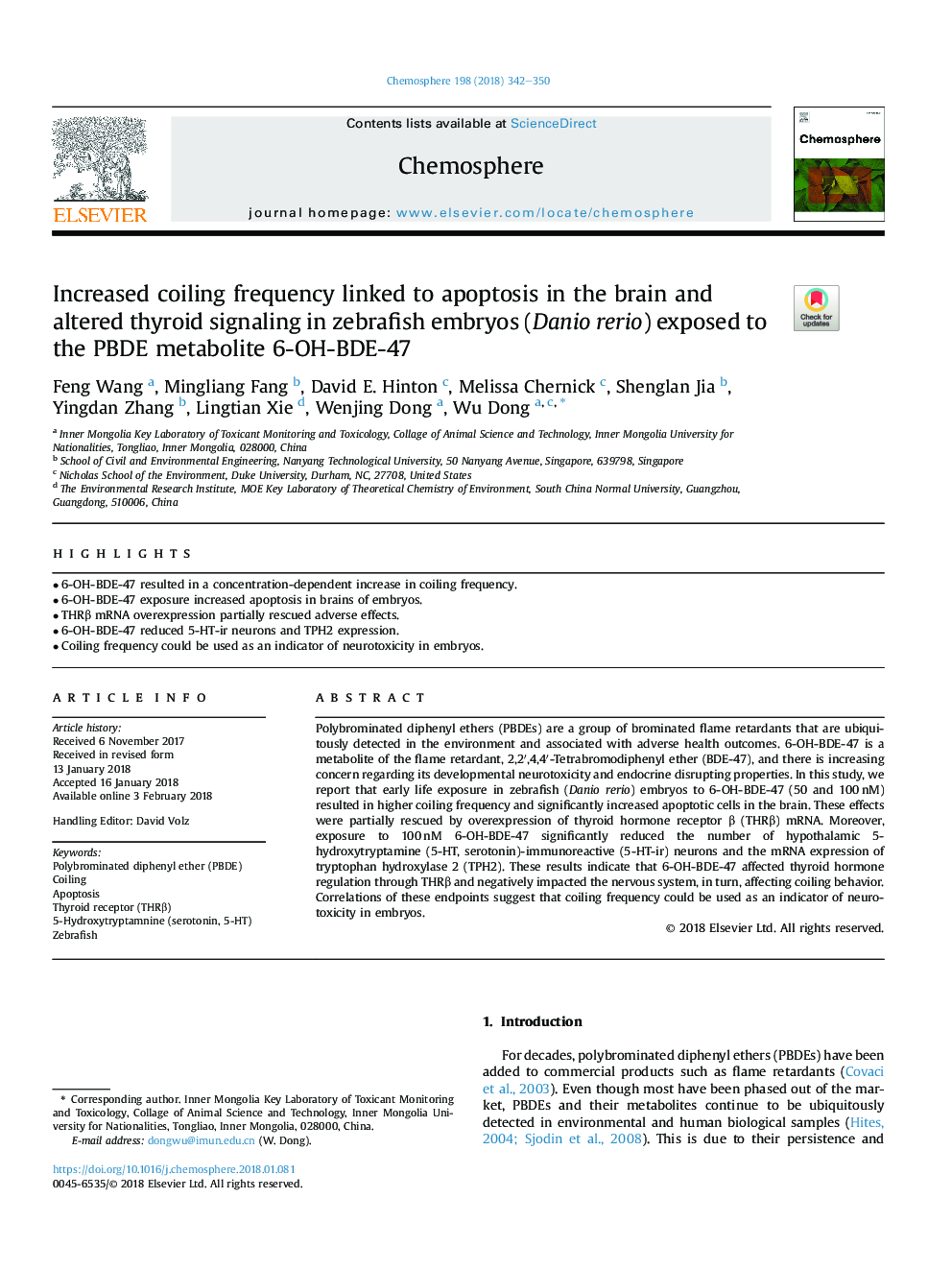 Increased coiling frequency linked to apoptosis in the brain and altered thyroid signaling in zebrafish embryos (Danio rerio) exposed to the PBDE metabolite 6-OH-BDE-47