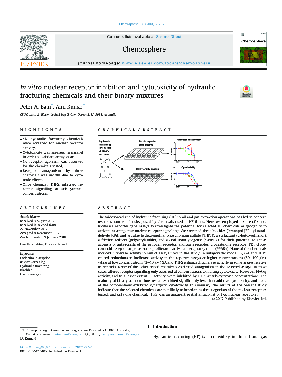 InÂ vitro nuclear receptor inhibition and cytotoxicity of hydraulic fracturing chemicals and their binary mixtures