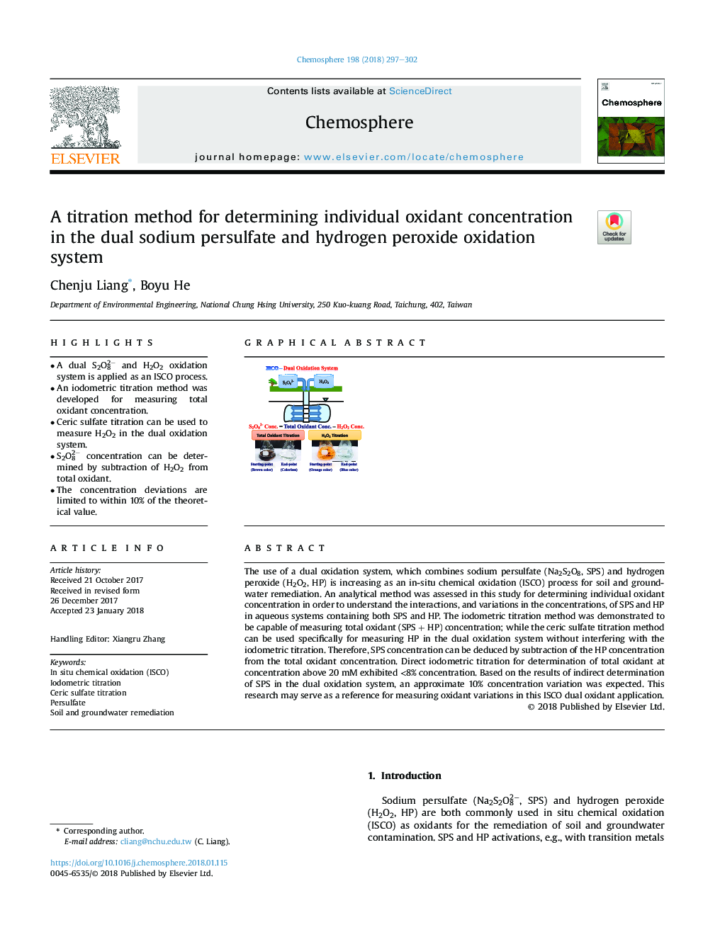 A titration method for determining individual oxidant concentration in the dual sodium persulfate and hydrogen peroxide oxidation system