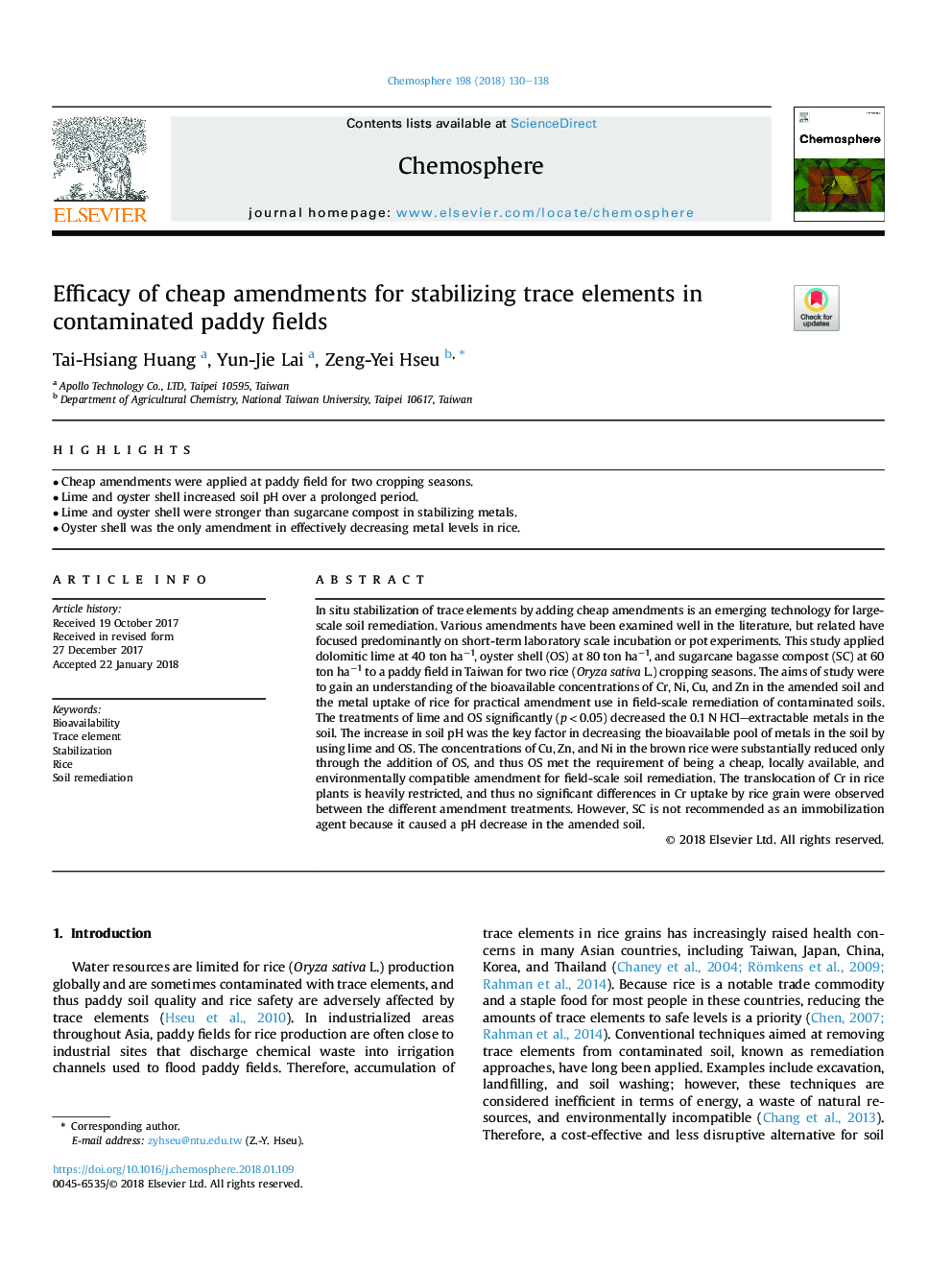 Efficacy of cheap amendments for stabilizing trace elements in contaminated paddy fields