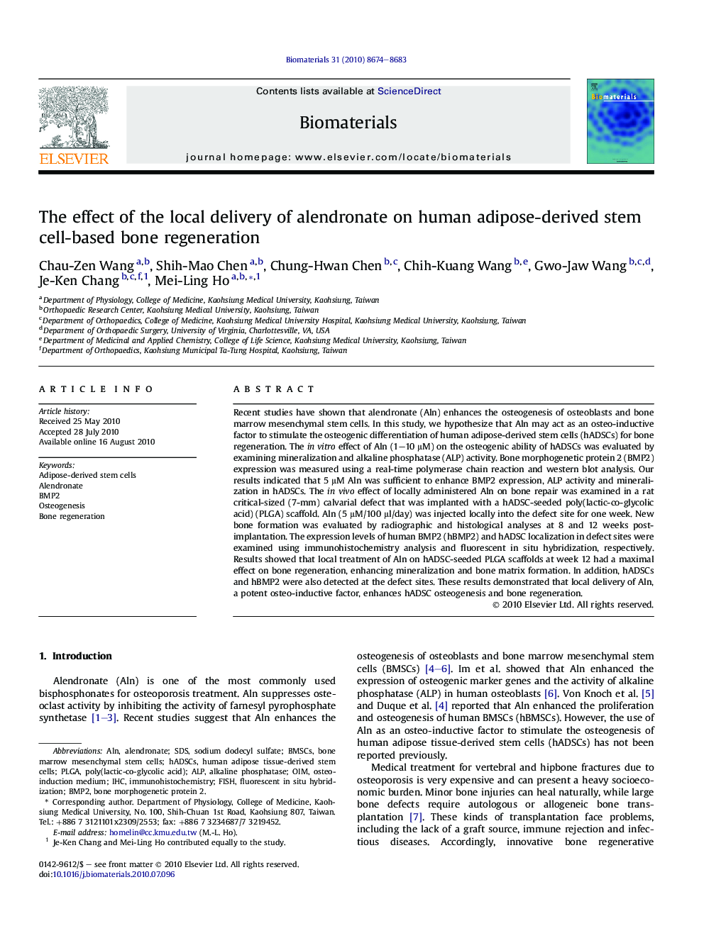 The effect of the local delivery of alendronate on human adipose-derived stem cell-based bone regeneration