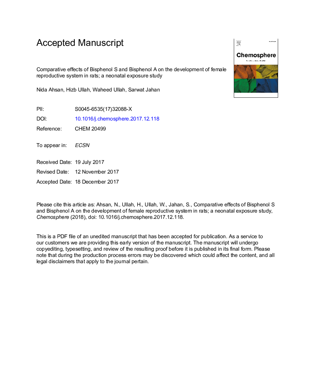 Comparative effects of Bisphenol S and Bisphenol A on the development of female reproductive system in rats; a neonatal exposure study