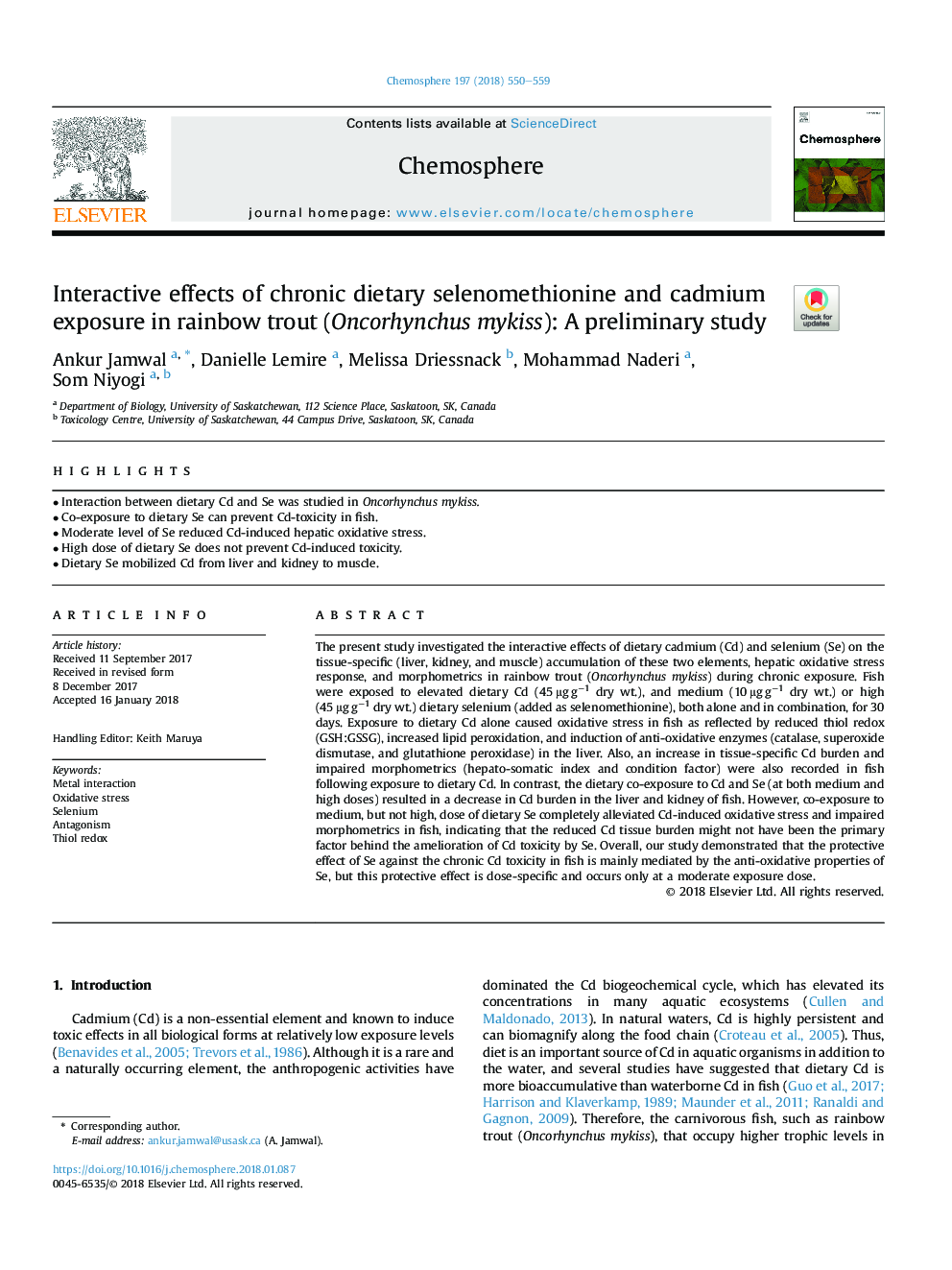 Interactive effects of chronic dietary selenomethionine and cadmium exposure in rainbow trout (Oncorhynchus mykiss): A preliminary study