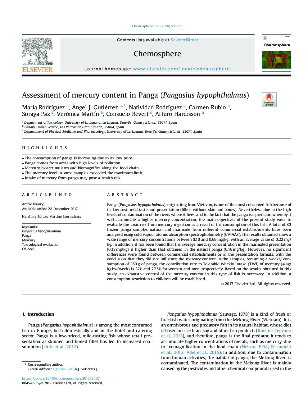 Assessment of mercury content in Panga (Pangasius hypophthalmus)