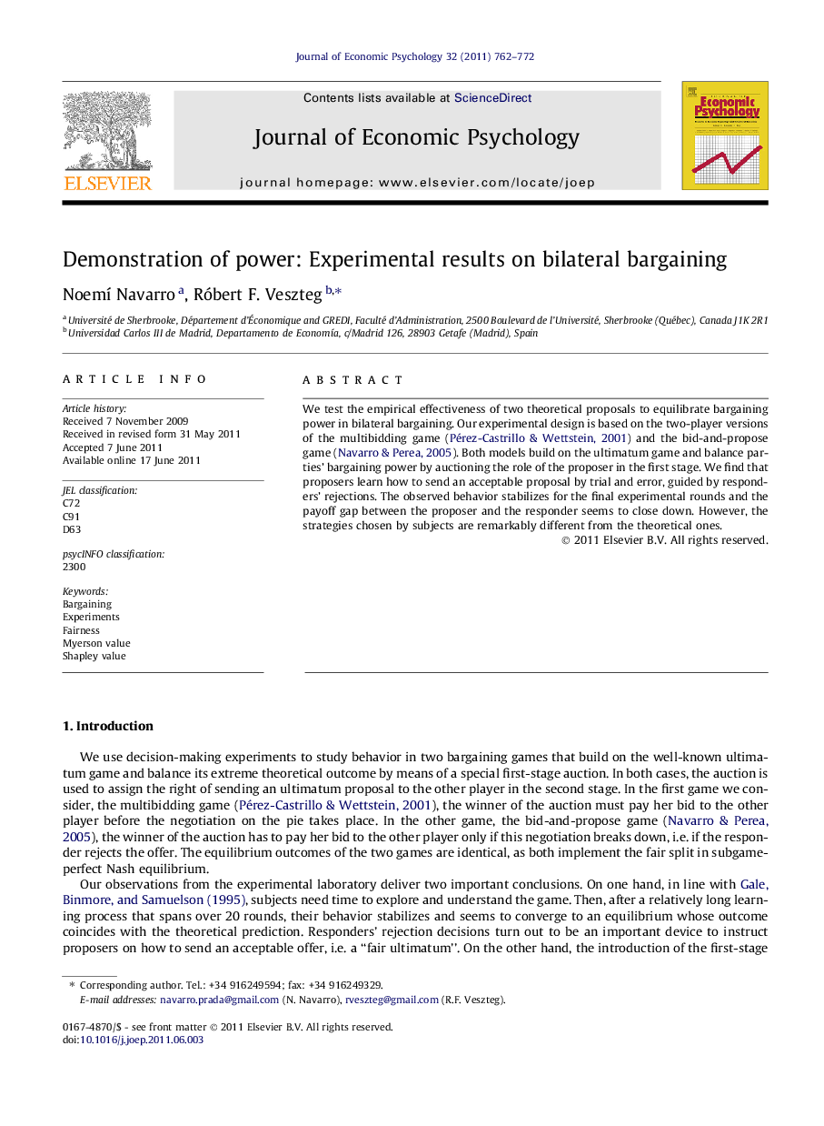 Demonstration of power: Experimental results on bilateral bargaining