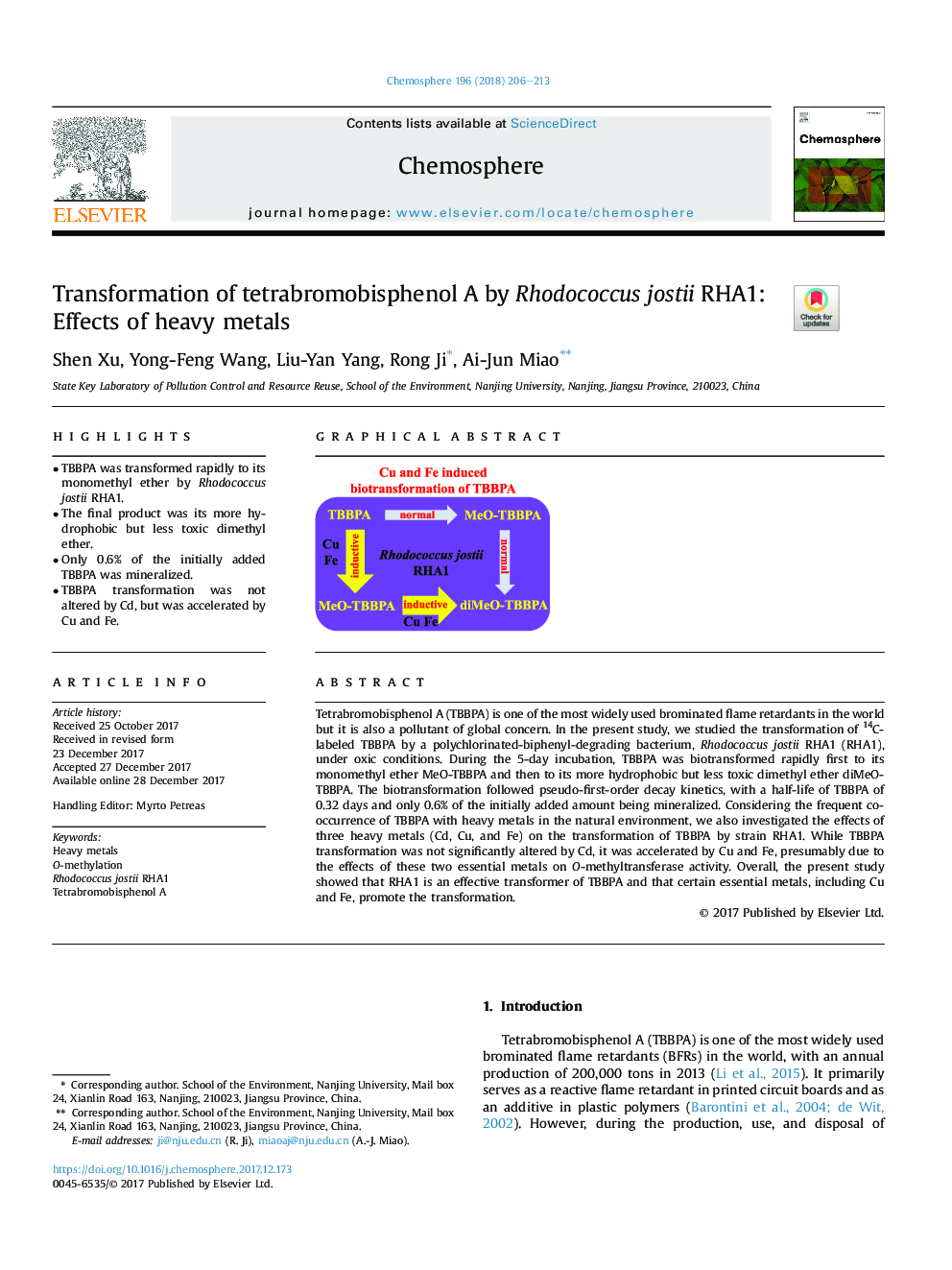 Transformation of tetrabromobisphenol A by Rhodococcus jostii RHA1: Effects of heavy metals