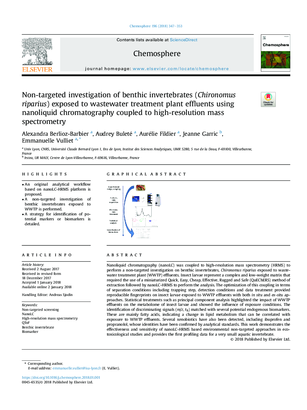 Non-targeted investigation of benthic invertebrates (Chironomus riparius) exposed to wastewater treatment plant effluents using nanoliquid chromatography coupled to high-resolution mass spectrometry