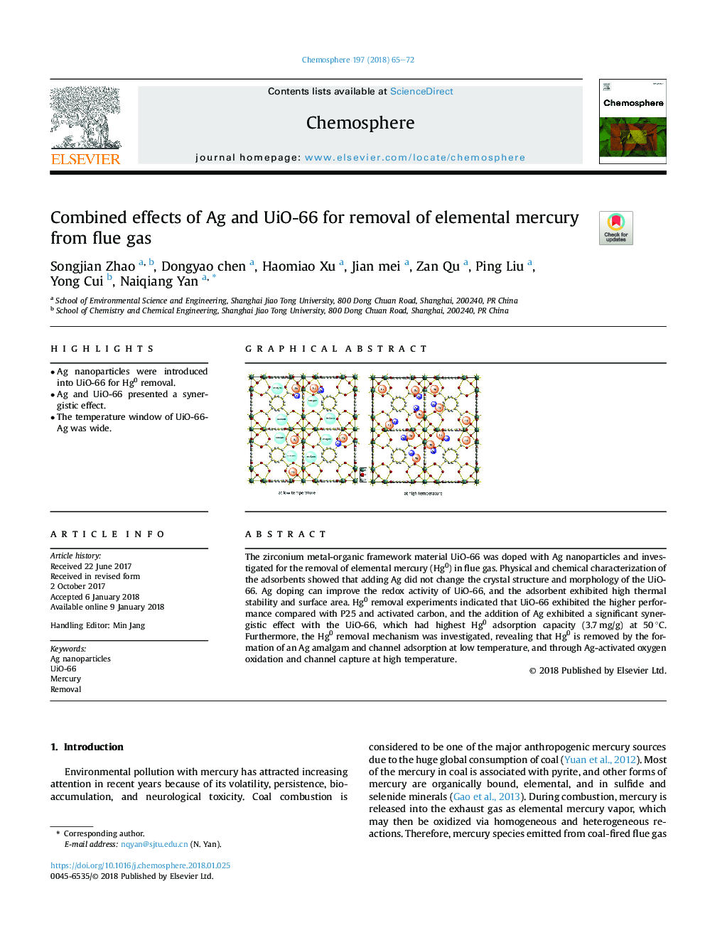 Combined effects of Ag and UiO-66 for removal of elemental mercury from flue gas