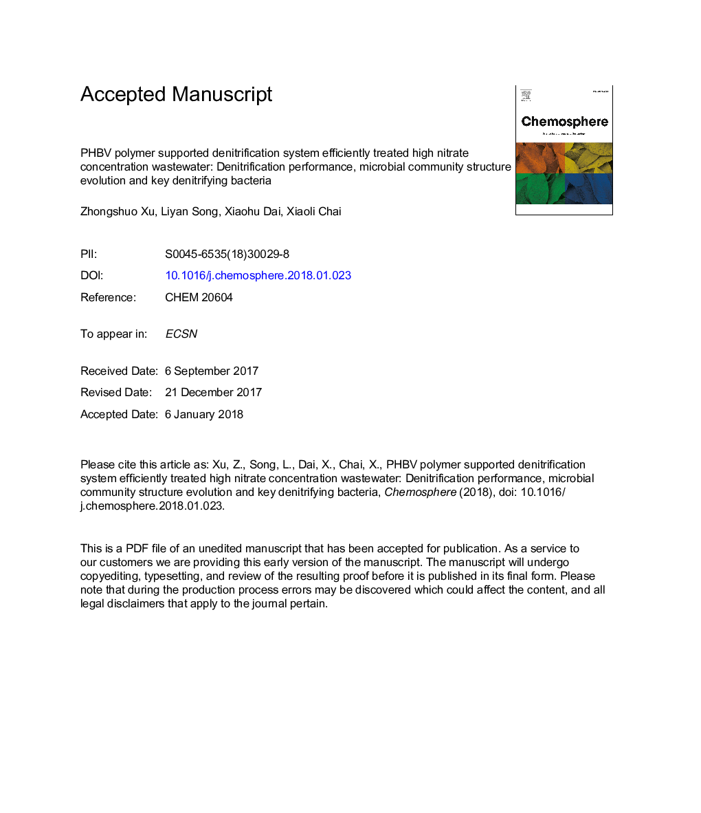 PHBV polymer supported denitrification system efficiently treated high nitrate concentration wastewater: Denitrification performance, microbial community structure evolution and key denitrifying bacteria