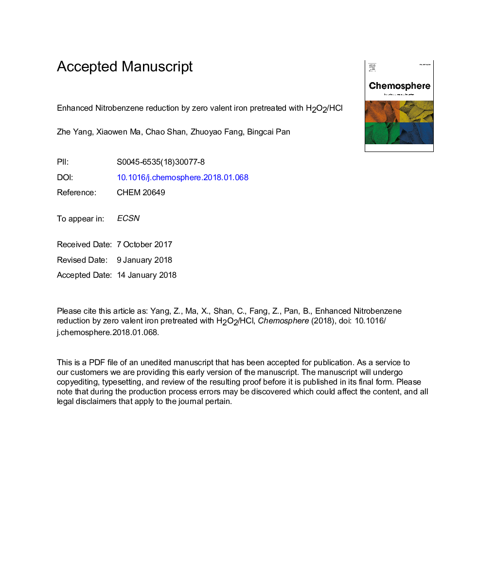 عکس صفحه اول مقاله: Enhanced Nitrobenzene reduction by zero valent iron pretreated with H2O2/HCl Enhanced Nitrobenzene reduction by zero valent iron pretreated with H2O2/HCl