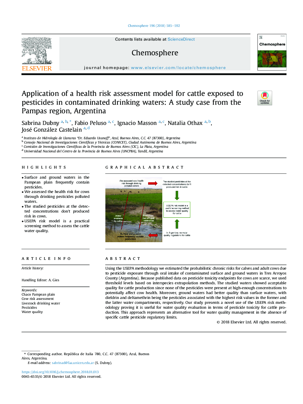 Application of a health risk assessment model for cattle exposed to pesticides in contaminated drinking waters: A study case from the Pampas region, Argentina