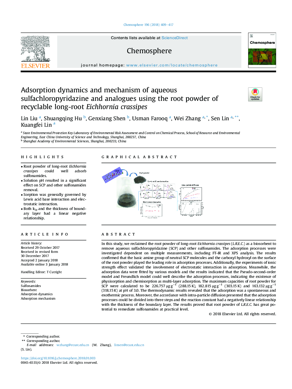 Adsorption dynamics and mechanism of aqueous sulfachloropyridazine and analogues using the root powder of recyclable long-root Eichhornia crassipes