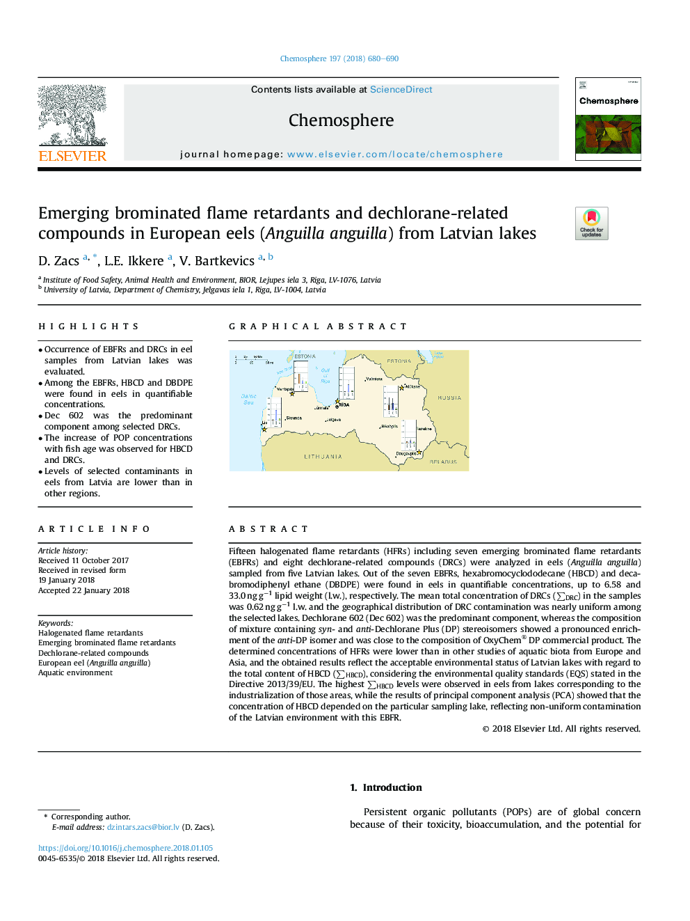 Emerging brominated flame retardants and dechlorane-related compounds in European eels (Anguilla anguilla) from Latvian lakes