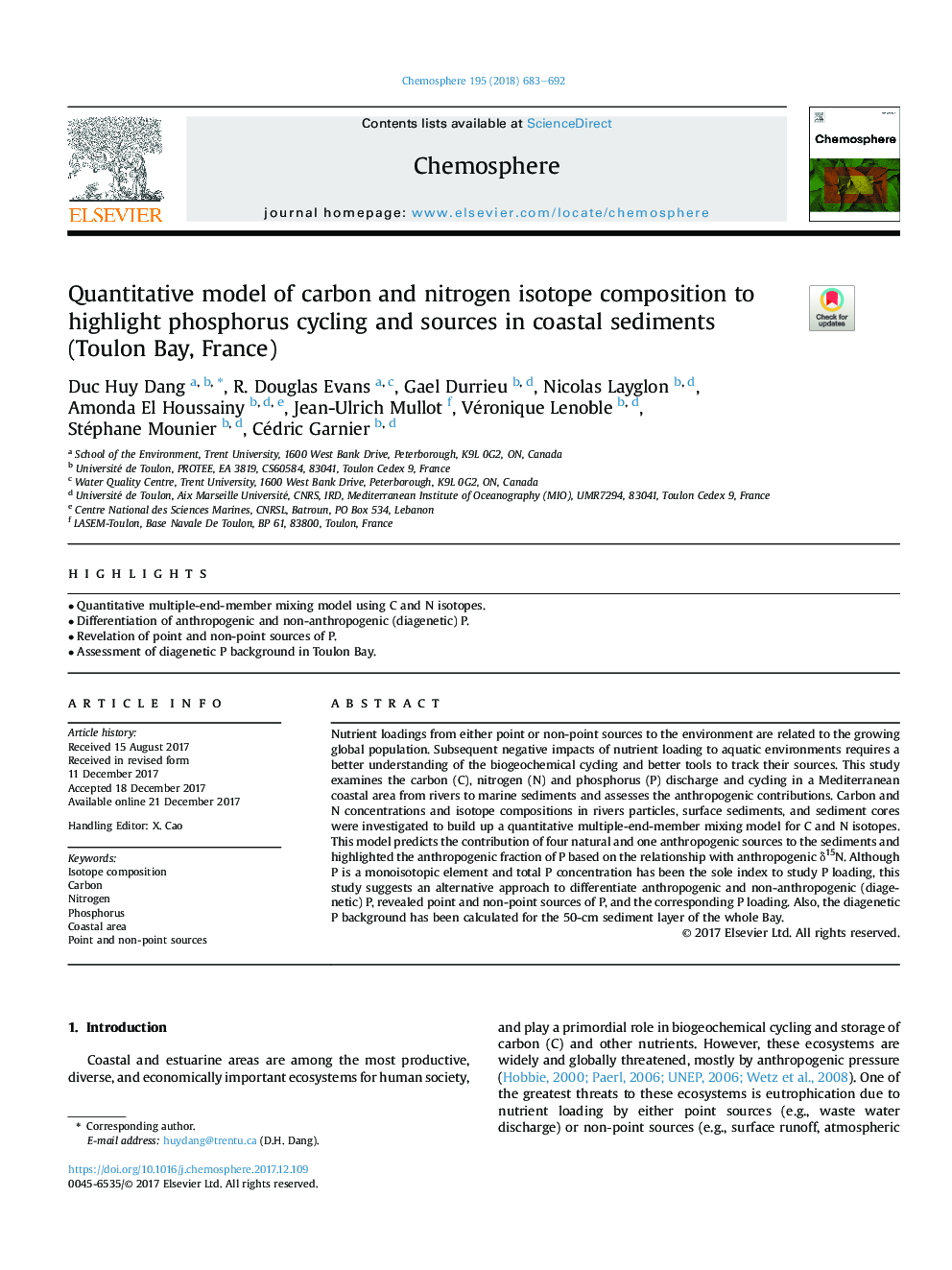 Quantitative model of carbon and nitrogen isotope composition to highlight phosphorus cycling and sources in coastal sediments (Toulon Bay, France)