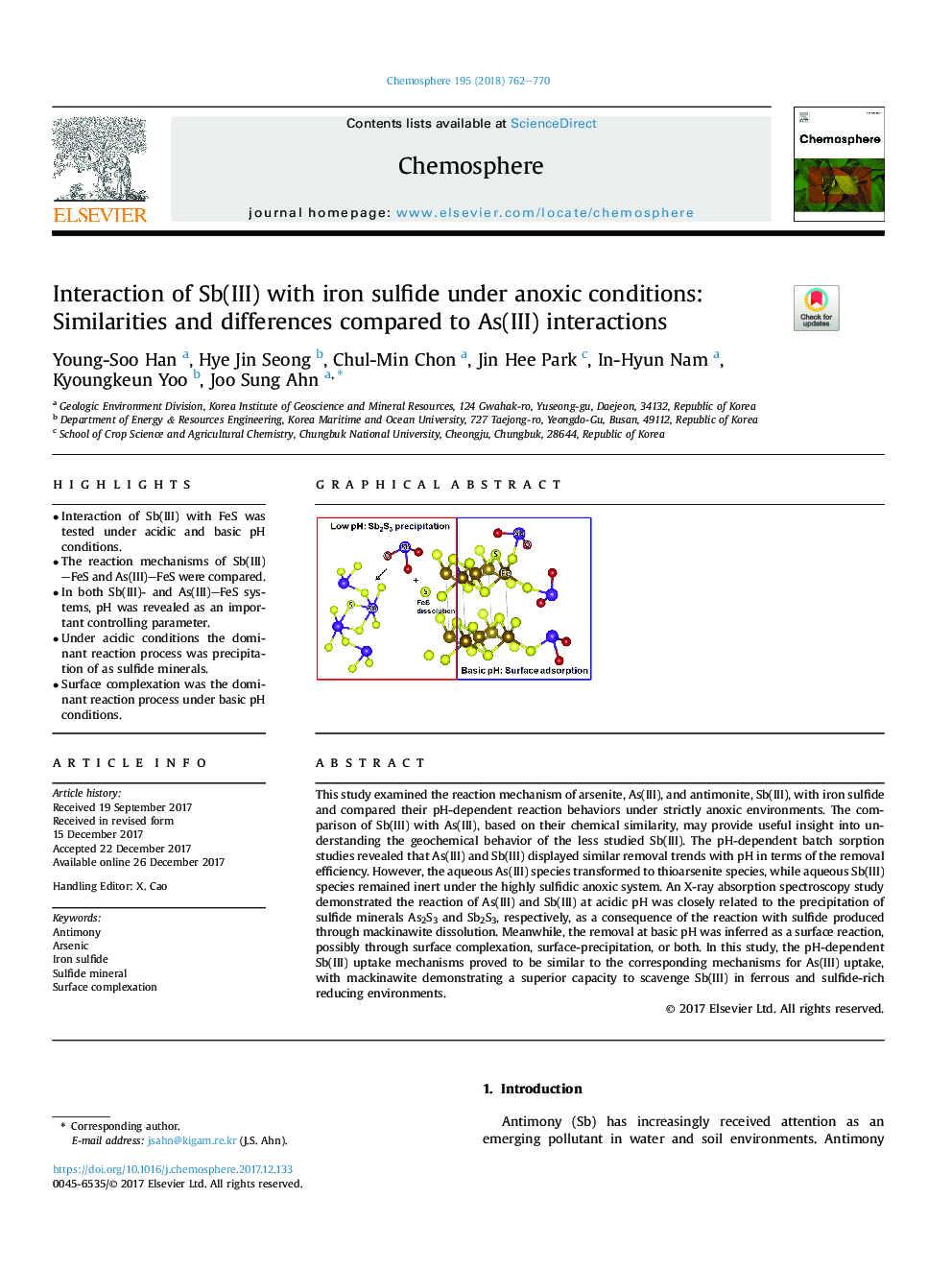 Interaction of Sb(III) with iron sulfide under anoxic conditions: Similarities and differences compared to As(III) interactions