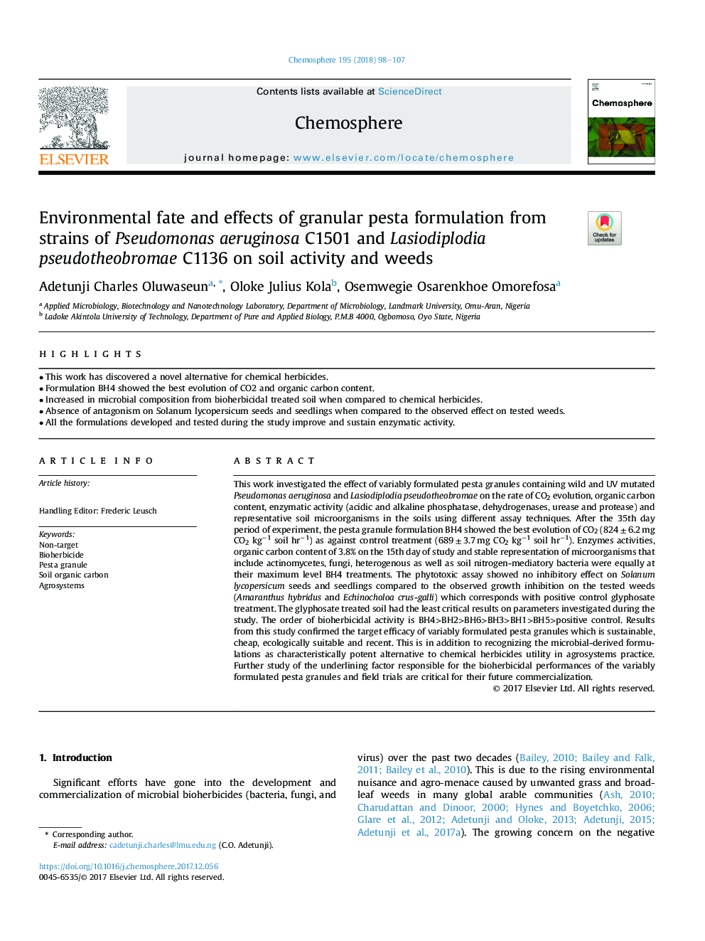 Environmental fate and effects of granular pesta formulation from strains of Pseudomonas aeruginosa C1501 and Lasiodiplodia pseudotheobromae C1136 on soil activity and weeds