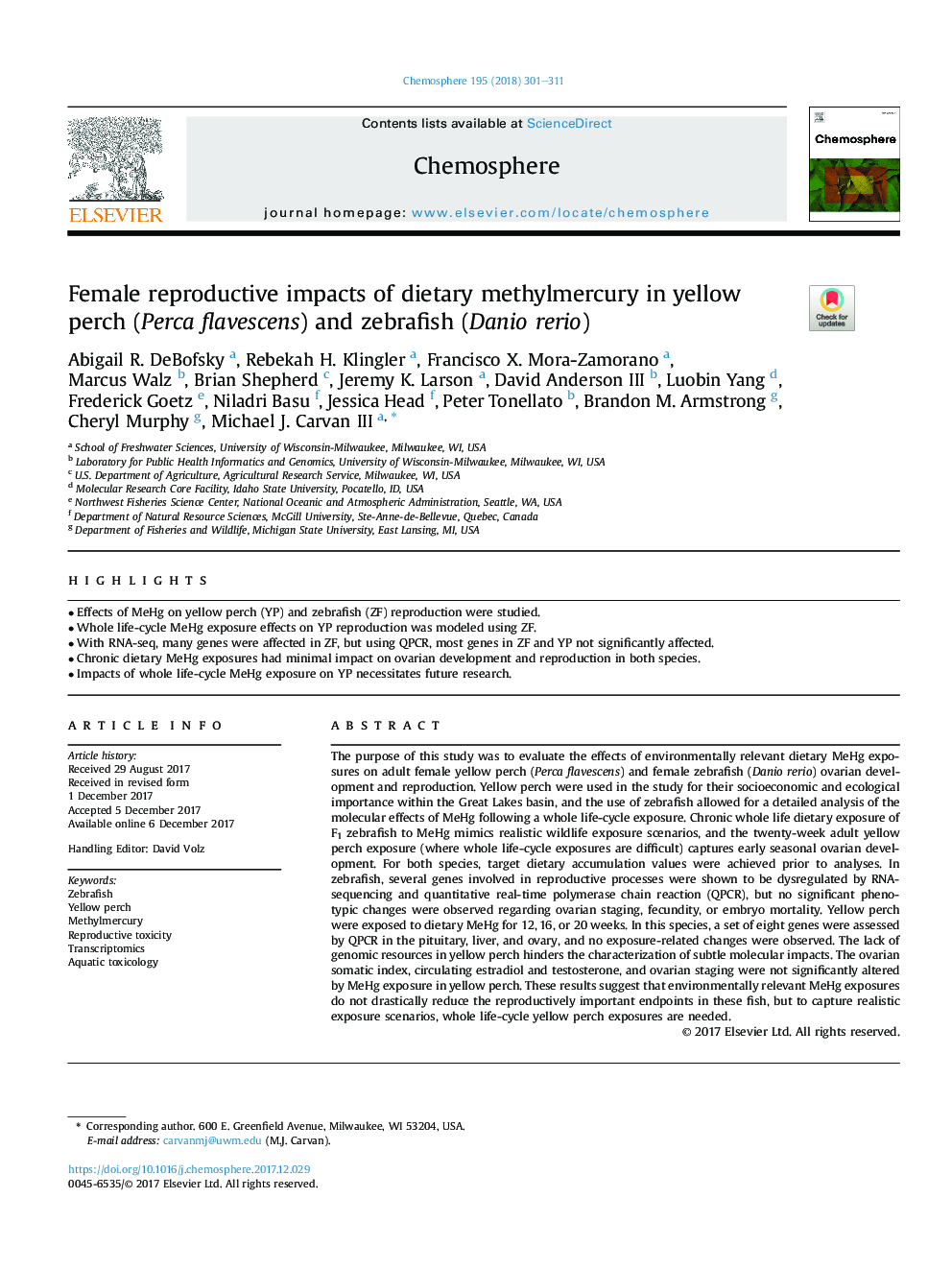 Female reproductive impacts of dietary methylmercury in yellow perch (Perca flavescens) and zebrafish (Danio rerio)