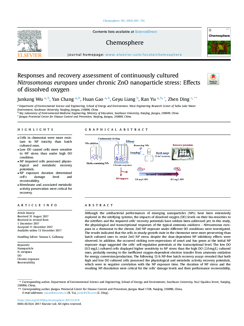 Responses and recovery assessment of continuously cultured Nitrosomonas europaea under chronic ZnO nanoparticle stress: Effects of dissolved oxygen