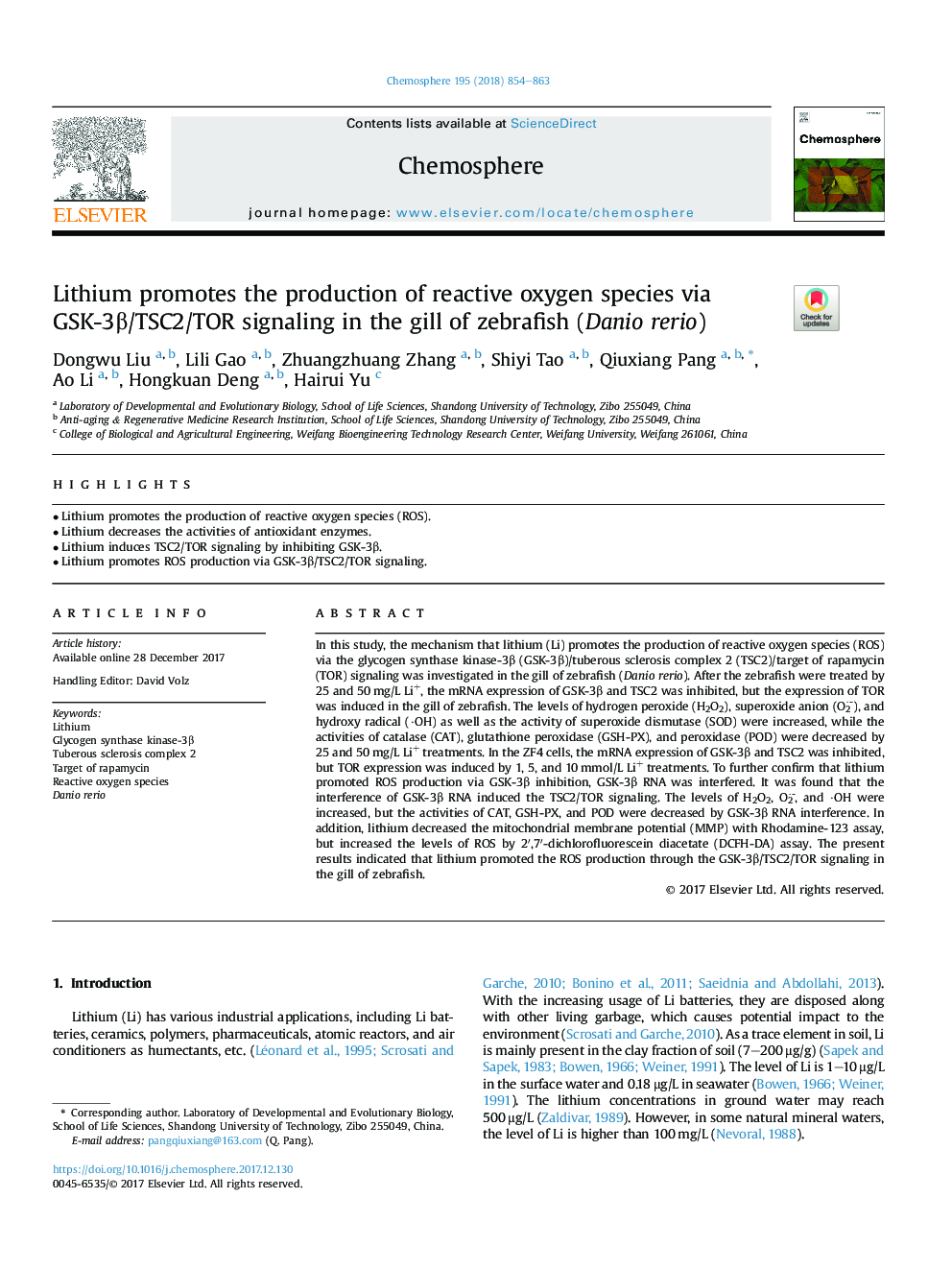 Lithium promotes the production of reactive oxygen species via GSK-3Î²/TSC2/TOR signaling in the gill of zebrafish (Danio rerio)